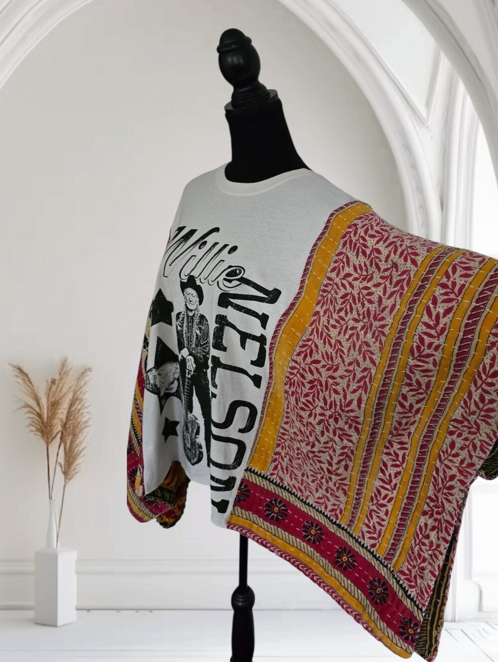 Upcycled Willie Nelson Band Tee With Kantha Sleeves, OS - Picture 3 of 6